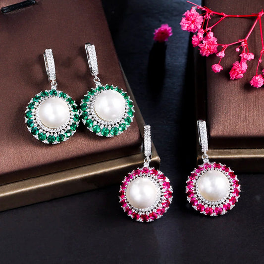 Fashion Silver Plated CZ Huggie Round Big Pearl Drop Earrings for Wedding Quality Green Red Cubic Zirconia Crystal Jewelry Gifts