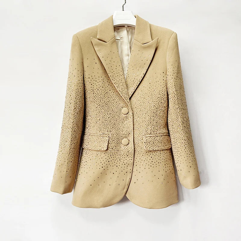 Women Diamond Crystal Beading Blazer for Women V-Neck  Formal Wear Jacket Beige Spring Autumn Style