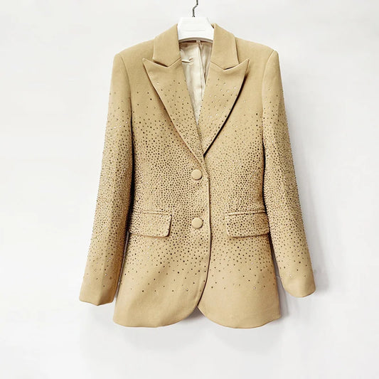 Women Diamond Crystal Beading Blazer for Women V-Neck  Formal Wear Jacket Beige Spring Autumn Style