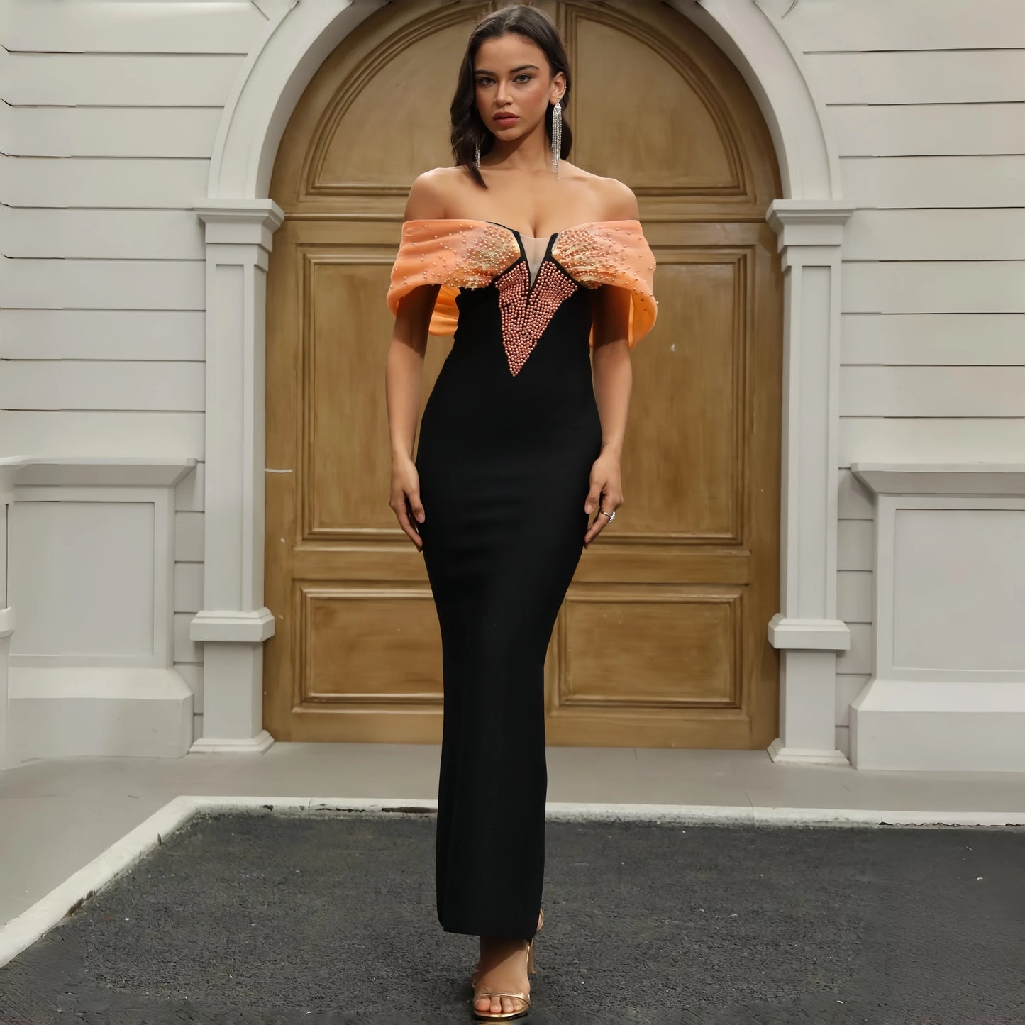 Fashion Dress   High End Party Wear Gown Black Off Shoulder Orange Beaded Bodycon Maxi Evening Dresses