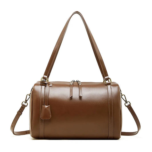 Vintage Style Top Grain Cowhide Cylinder Genuine Leather Crossbody Handbag Large Capacity Cylinder Design Shoulder Bag for Women