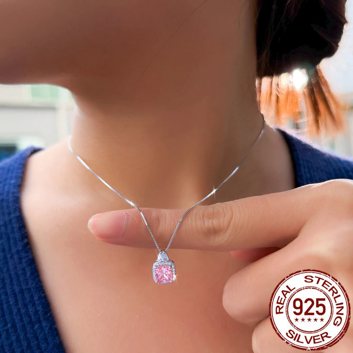 Discover Charming Real 925 Sterling Silver Cubic Zirconia Jewelry Set Pink CZ Square Pendant Earrings Jewelry Set for Women Banquet