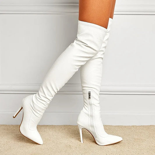 Sexy Stripper Shoes Women Stone Pattern PU Pointed Toe Thin Legs Stiletto Heels Over the Knee Thigh High Boots