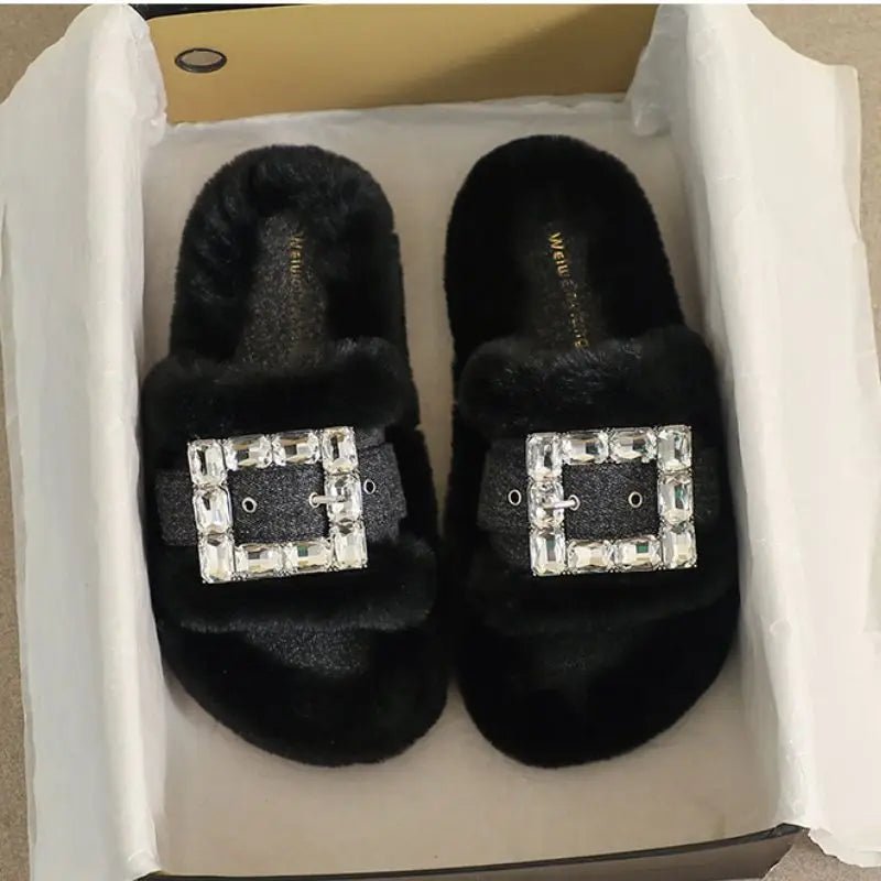 2025 Autumn/Winter Indoor Open Toe Flat Bottom Fashionable Warm Plush Slippers Female