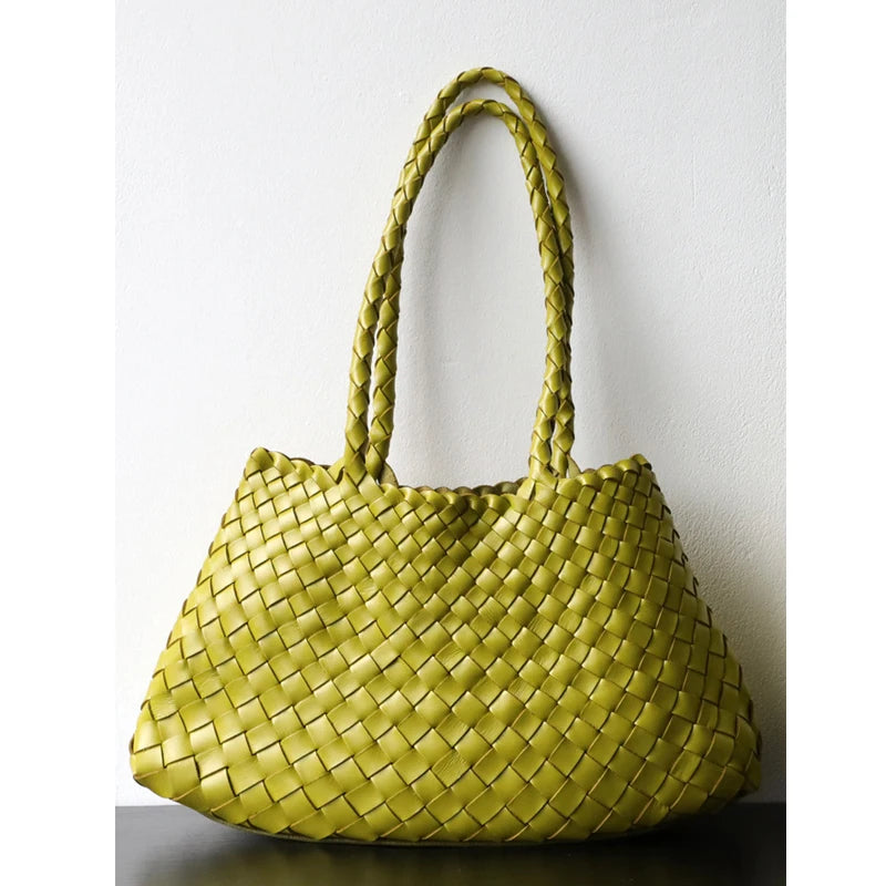 Luxury Tanned Cowhide Genuine Braided Leather Woven Shoulder Bags Large Capacity Soft Hand-woven  Women's Bags with Cotton Pouch