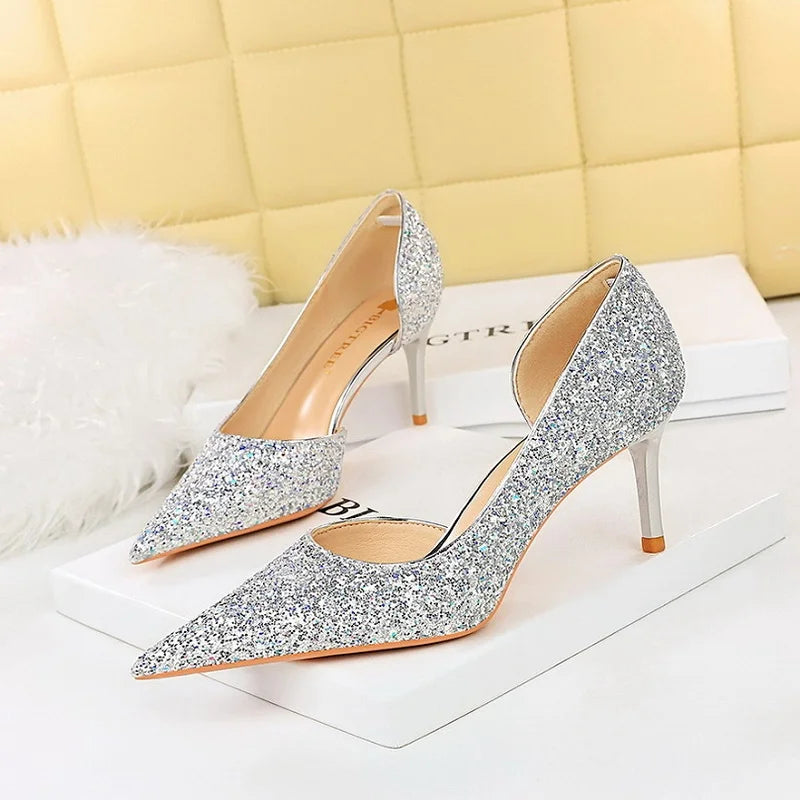 2025  Designer Fashion Shoes Sequin Cloth Stiletto Women's Pumps Heels for Ladies