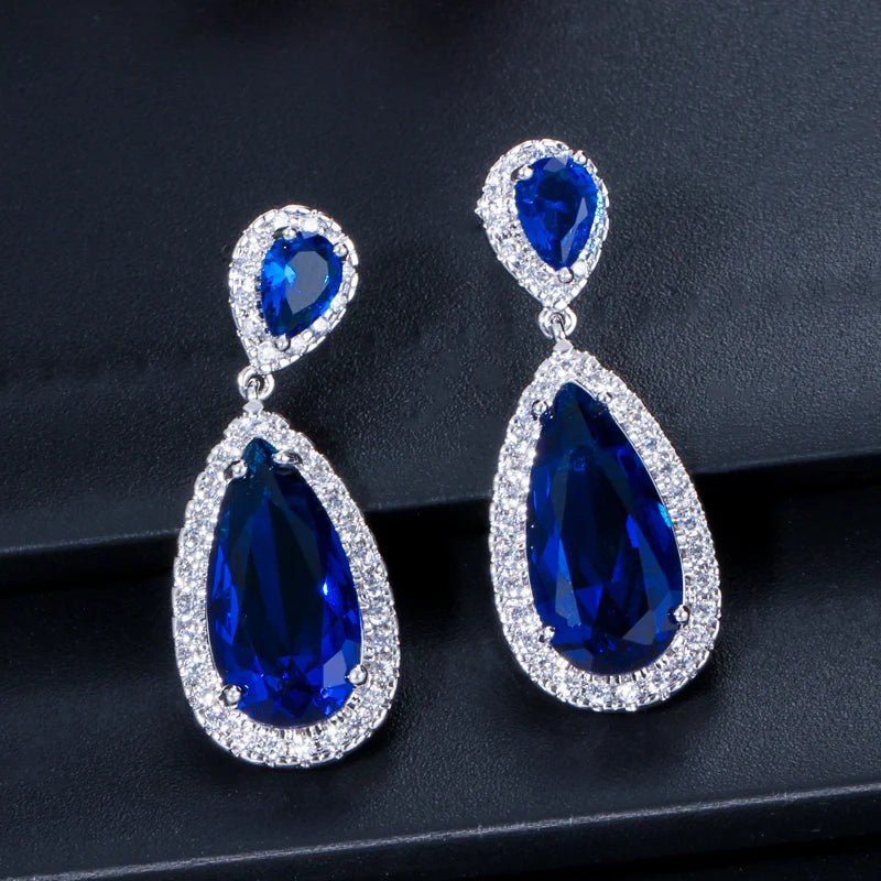 White Gold Plated Cubic Zirconia Crystal Long Tear Drop Dangling Bridal Earrings for Women Party Jewelry Gift with Safe Pin
