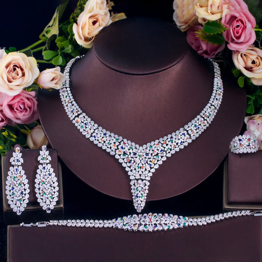 Luxurious Styles Silver Plated Mixcolor Cubic Zircon Party Bridal Big Jewelry Set for Women Wedding Dress Accessories