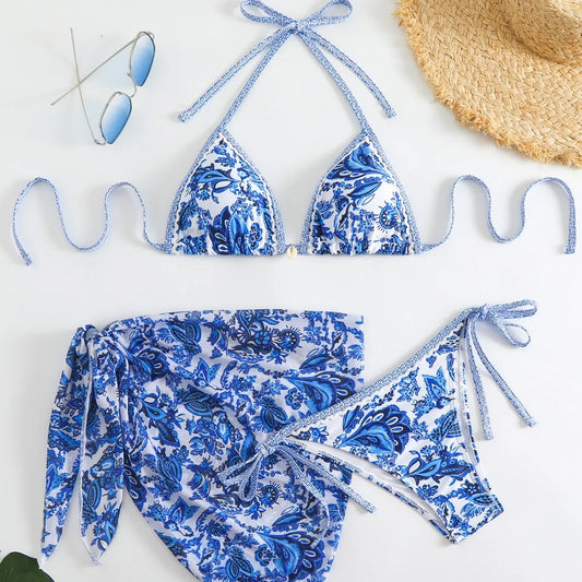 New Women Sexy Printed Triangular Cup Bikini Three-Piece Set Girls' Party Blue Bikini Swimsuit Valentine's Day Gift Swimsuit