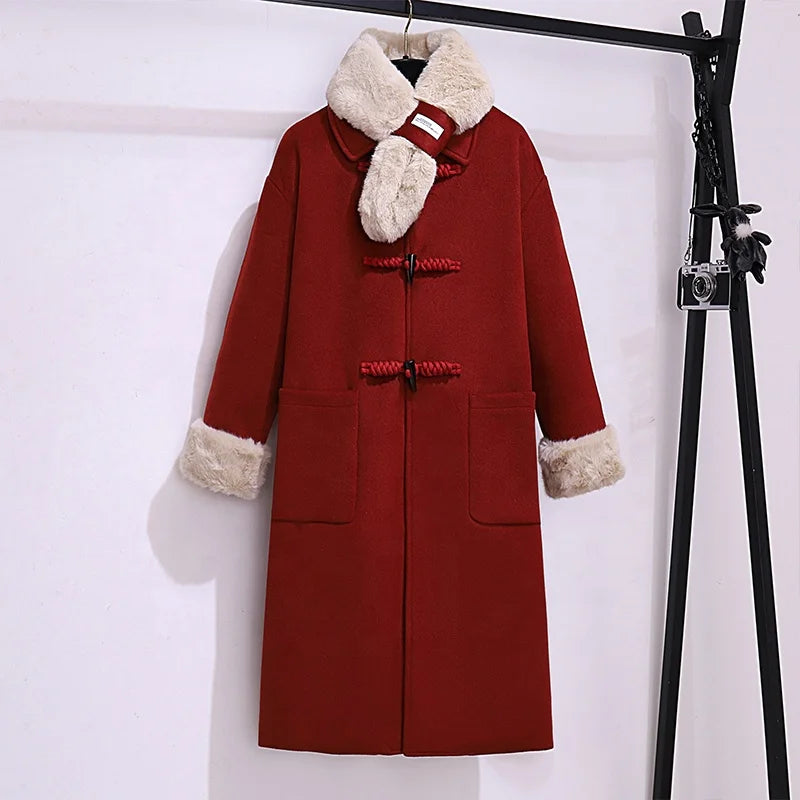 Fluffy Collar Cow Horn Button Woolen Coatwinter New Loose Korean Long  Coat for Women
