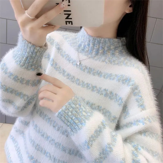 2025 Autumn Winter Women Sweet Sweater Fur Striped Stand Collar Warm Knitwear Loose Long Sleeve Pullover Tops Thick Knit Sweater