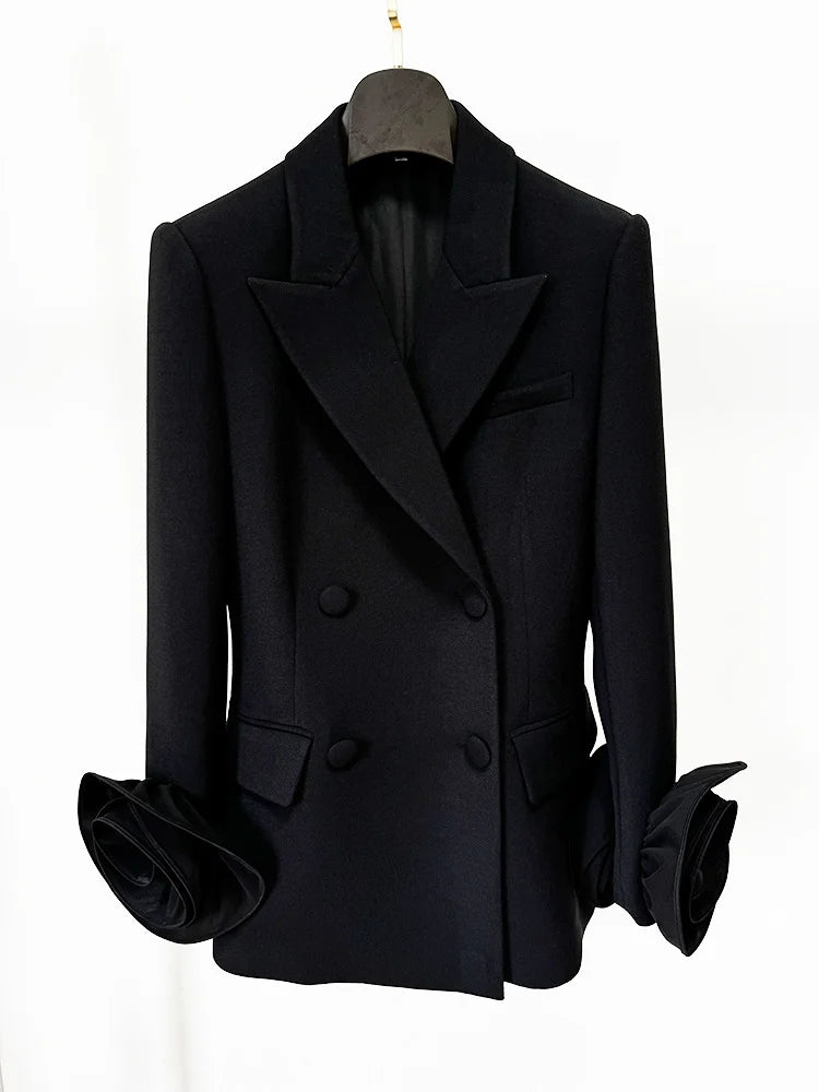 High Quality 3D Flowers Long Sleeve Blazer Spring Black V-Neck Slim Fit Elegant Women Jacket