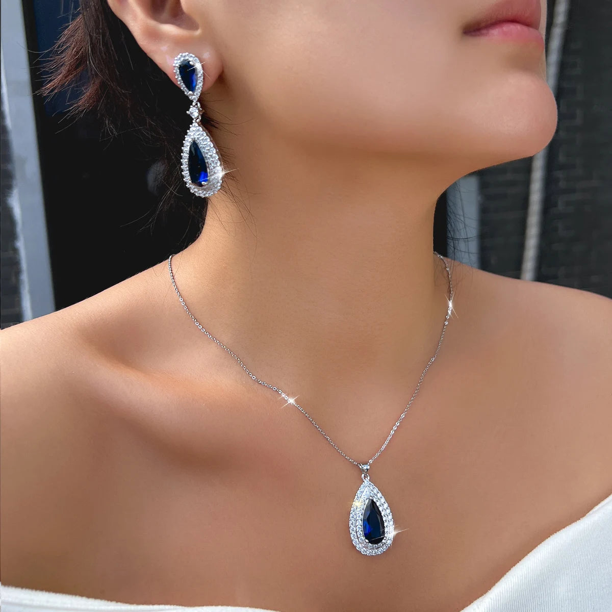 Charming CZ Jewelry Set Yellow Teardrop Dangle Cubic Zirconia Earrings Pendant Jewelry Set for Women Brides Rhodium Plated Gift