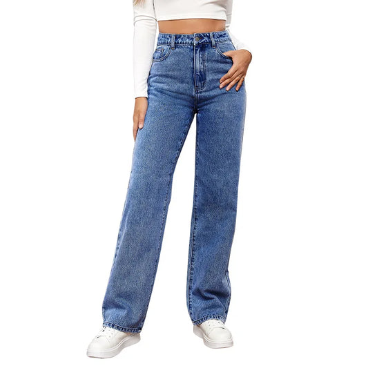 2025  Fashion New Women's High Waist Washed Pure Color  Long Casual  Basic Straight Leg Long Jeans