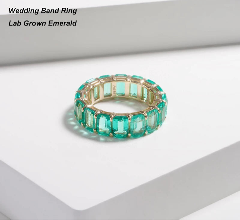 MomentWill 14K Solid Gold Ring Lab Emerald Lab Ruby Gemstone Wedding Band Ring