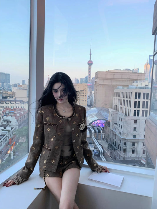 Women's Vintage Sets Elegant Sequins Flower Button Brooch Decoration Jacket Suit with Shorts Two Piece Set for Women