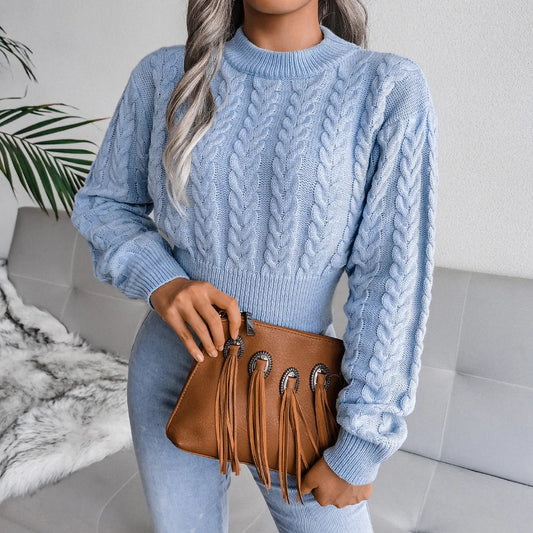 shiny Short Pullover Jumper Women Autumn and Winter New Round Neck Solid Color Knitted Sweater