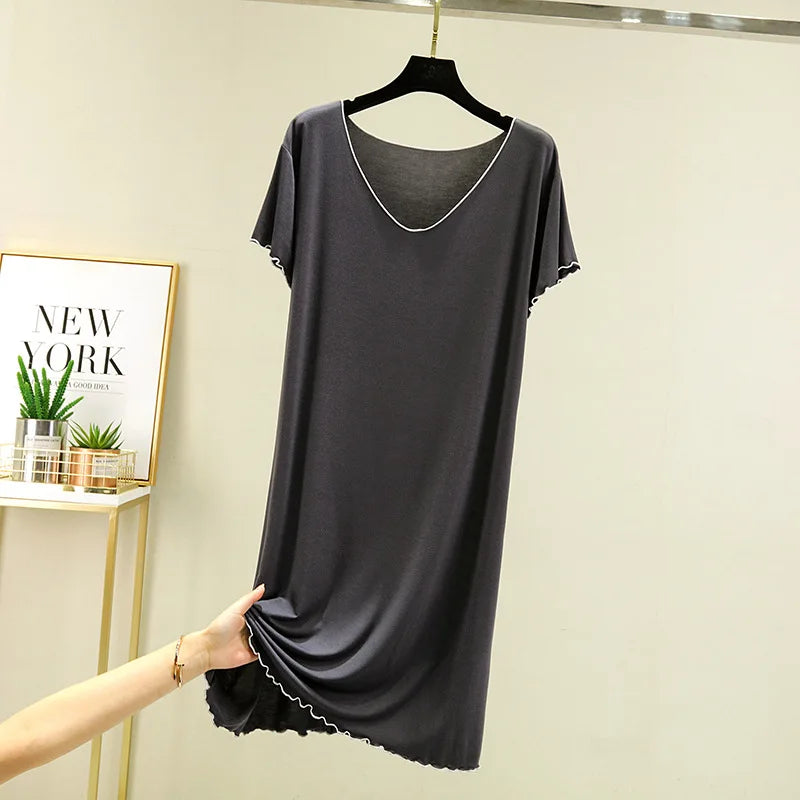 2025 Fall Summer Spring Collection Hot Sale Ladies' Girls' Sleeping Dress Short Sleeved Large V-Neck Loose Lace Pure Color Knitted