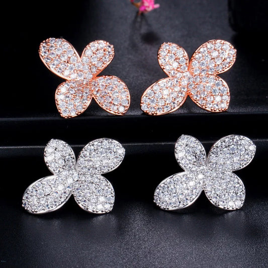 Graceful Design Rose Gold Plated Cubic Zircon Flower Stud Earrings for Women Party Daily Wear Appointment Gift