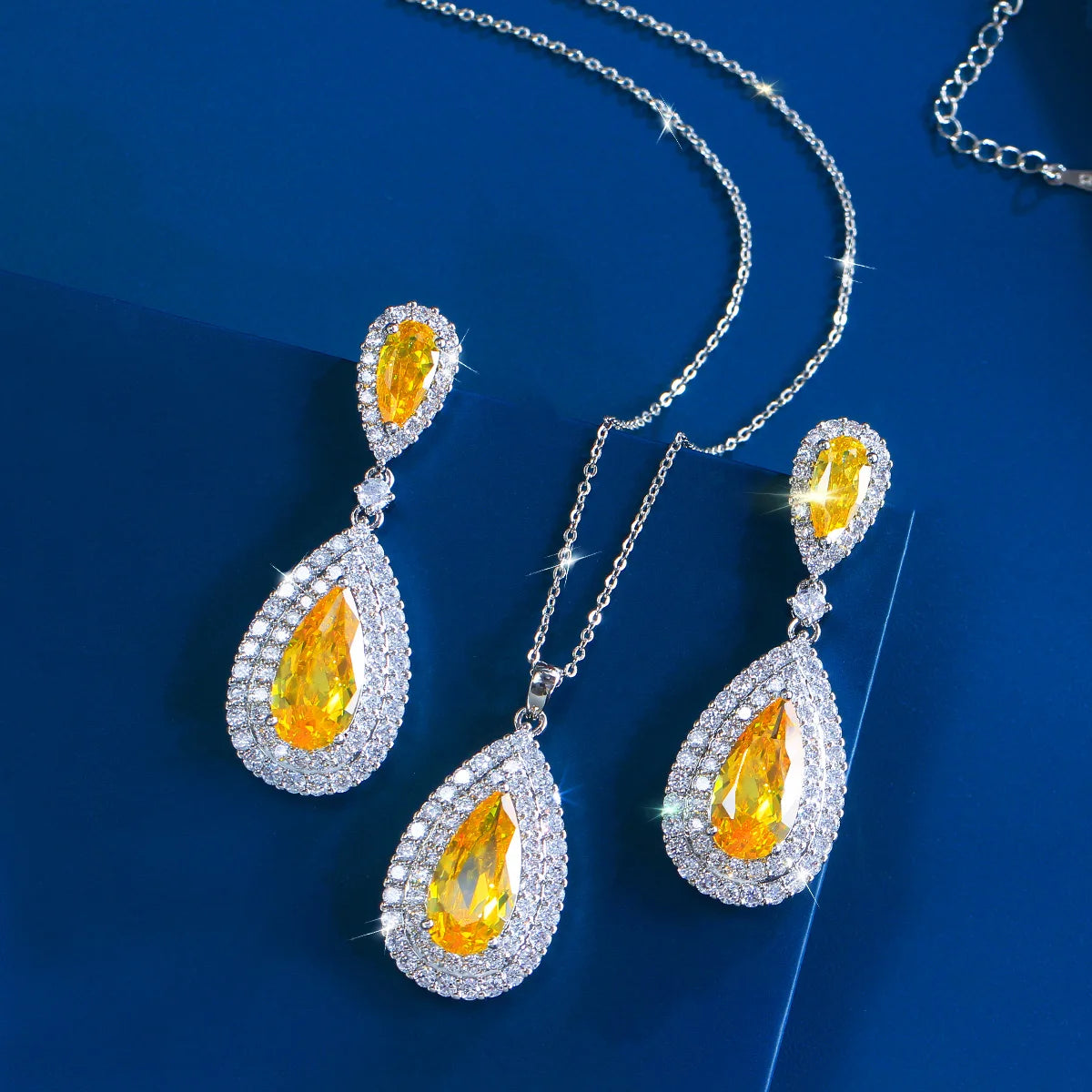 Charming CZ Jewelry Set Yellow Teardrop Dangle Cubic Zirconia Earrings Pendant Jewelry Set for Women Brides Rhodium Plated Gift