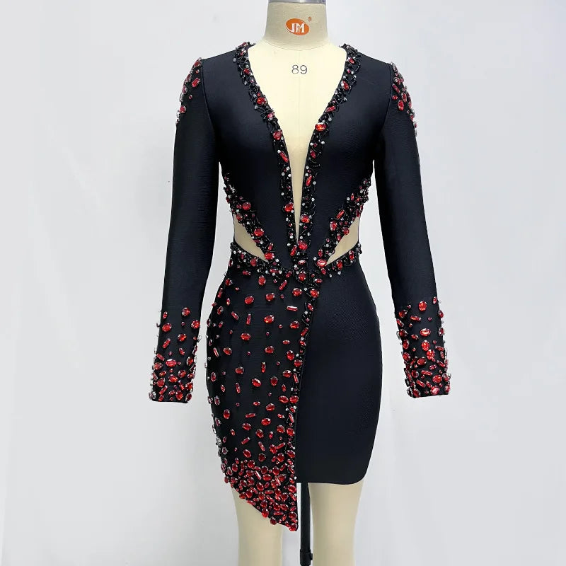 Trending Now Black Winter Long Sleeve Bandage Dress Beading Elegant Rhinestone Dresses Women