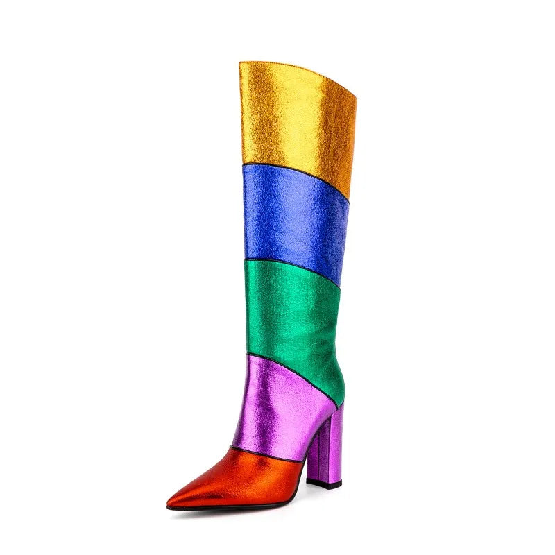 New Design Ladies Chunky Heels Rainbow Long Boots Women Colorful Pointy Toe Slip on Block Heels Mid Calf Boots