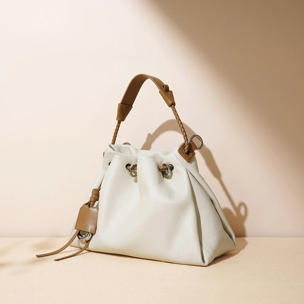 New High Quality Leather Drawstring Women's Purse Handbags Luxury Genuine Cowhide Leather Shoulder Crossbody Bags for Women