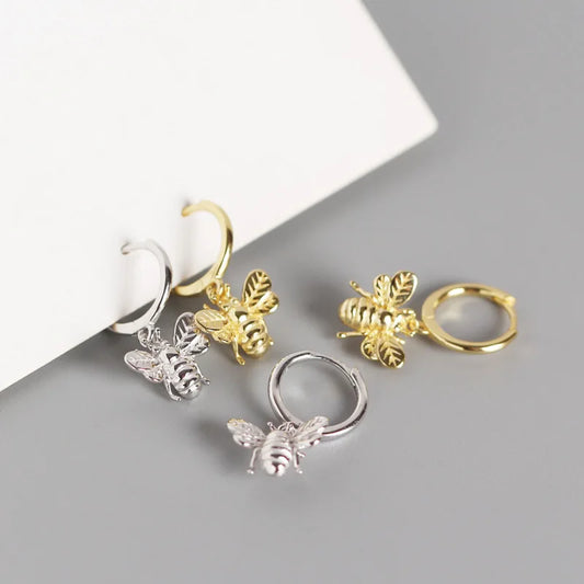 New Fashion 925 Sterling Silver Plain Dangling Animal Bee Shape Insects 18k Gold Plated Hoop Earrings for Women