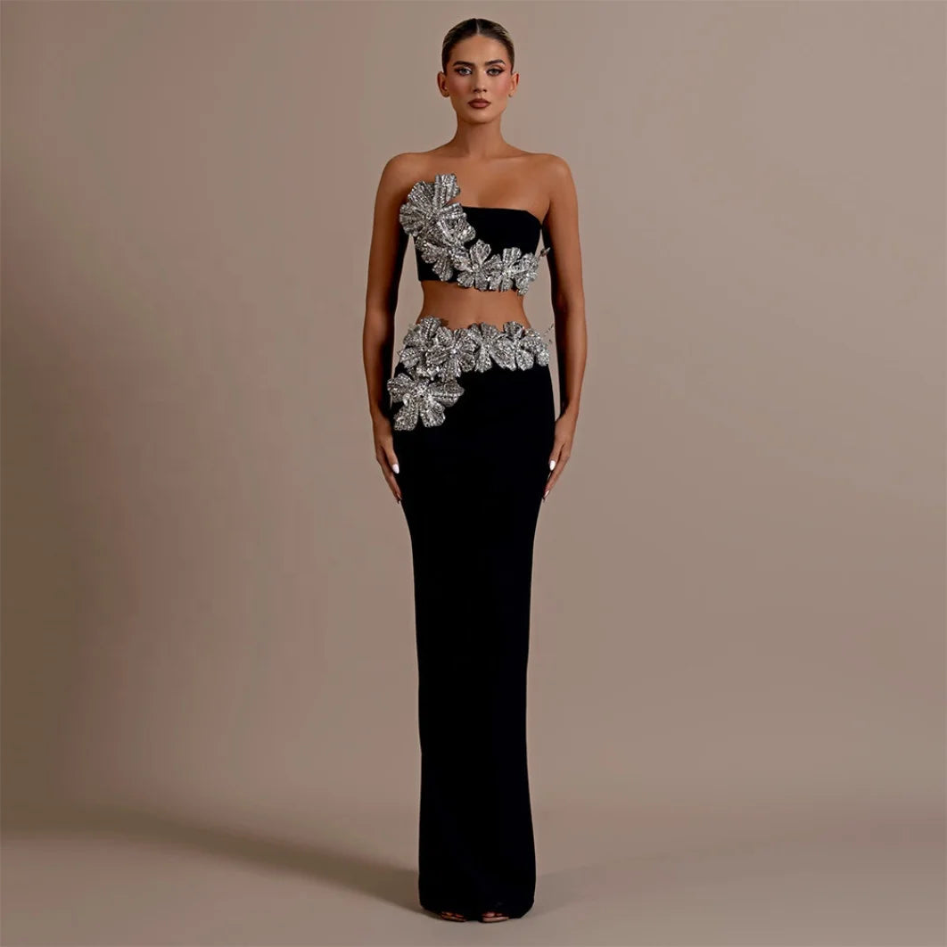 Luxury Sexy Bandage Dress 2-Piece Sets Shiny Diamonds Flower Strapless Evening Party Dresses Set for Woman