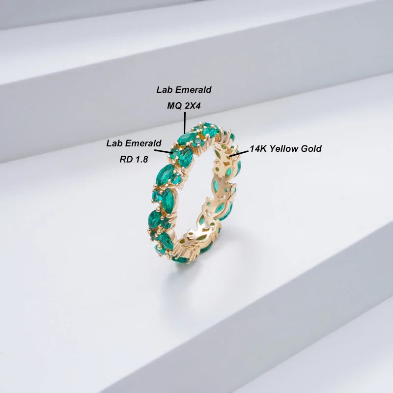 MomentWill 14K Solid Gold Ring Lab Emerald Lab Blue Sapphire Gemstone Wedding Band Ring