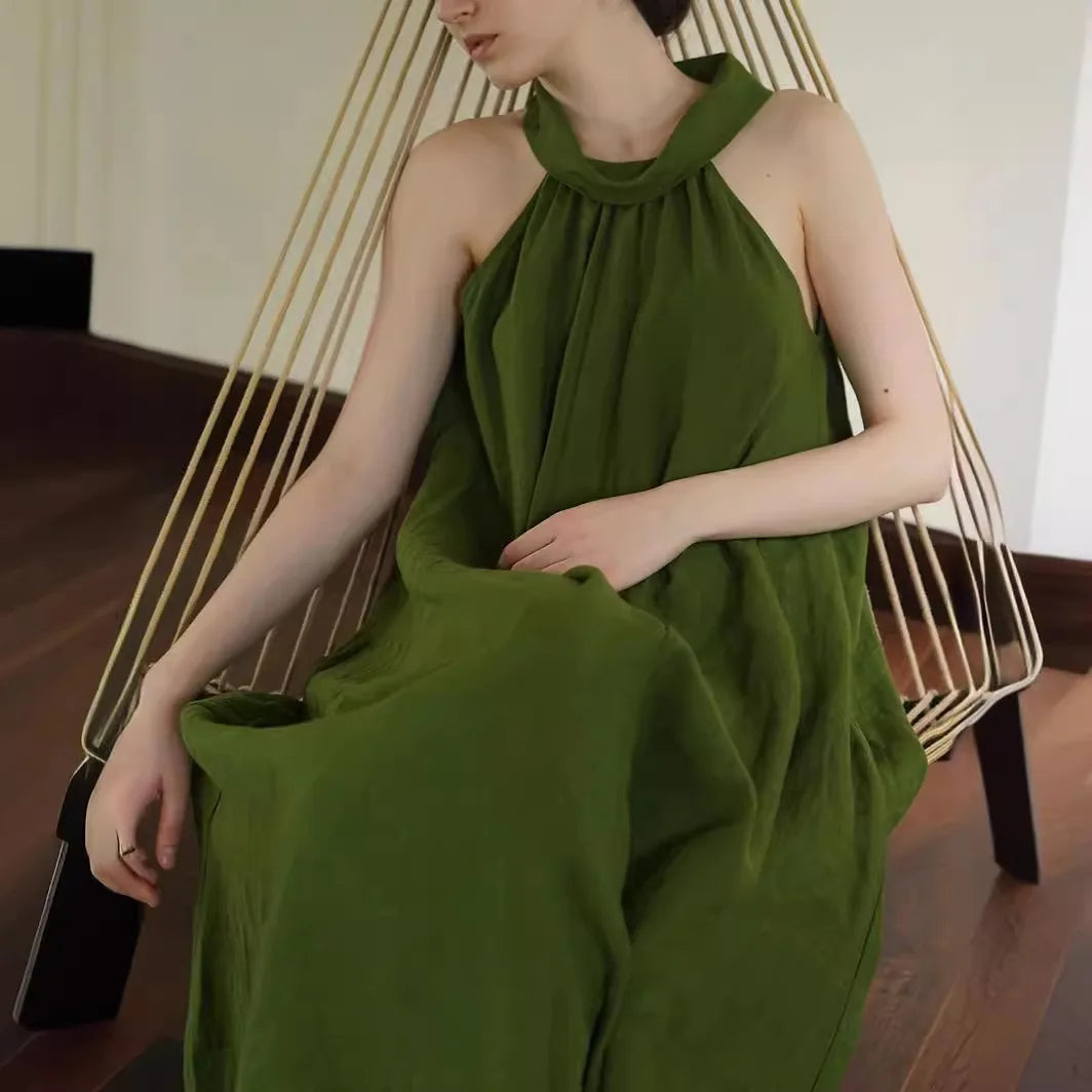 2025 Women Sleeveless Halter Dress Summer Maxi Length Style Natural Waistline Loose Straight Solid Color Casual Dress