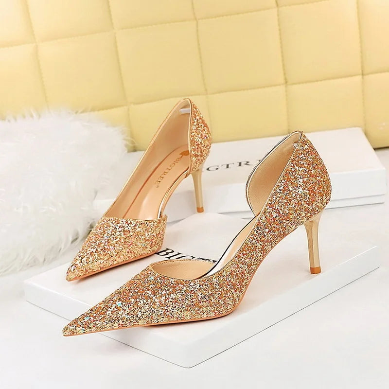 2025  Designer Fashion Shoes Sequin Cloth Stiletto Women's Pumps Heels for Ladies