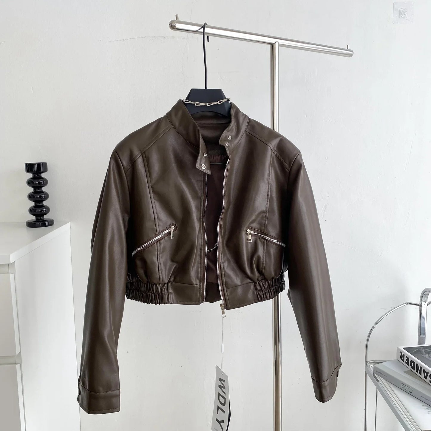 2025 Autumn New Zipper Women's Motorcycle Short Padded Shoulder Jacket Female Long Sleeve Leather Coat
