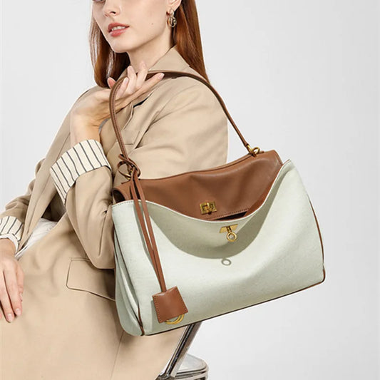 Large Capacity Luxury Women's Genuine Leather Canvas Tote Bag 2025 Handbag with Excellent Comfort and Style