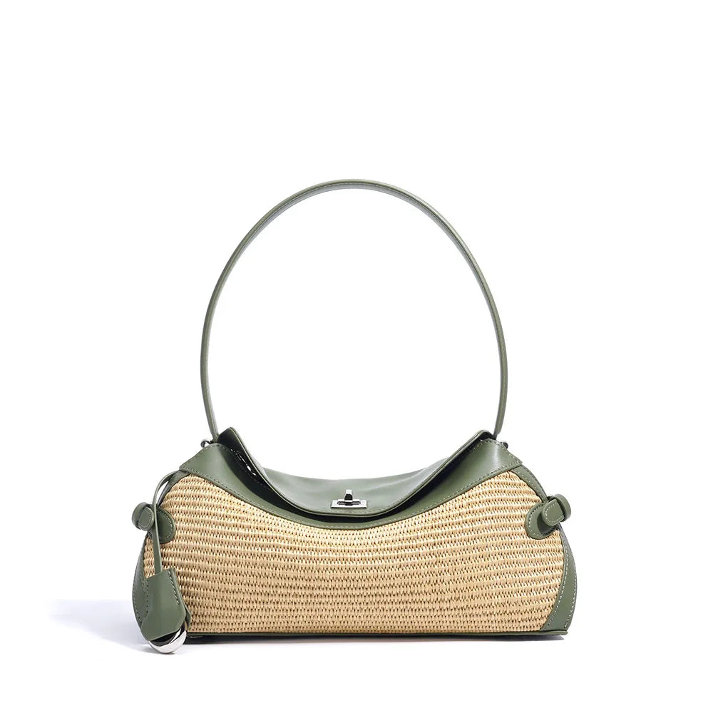 High Quality Genuine Leather Women's Handbag Casual Crossbody Sling Raffia Shoulder Bag PP Straw Fashionable Female Tote Bag