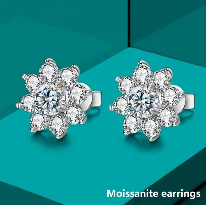 GRA  0.5CT Moissanite Diamond Flower Stud Earring for Women 925 Sterling Silver Solitaire Eternity Wedding Party Jewelry Set