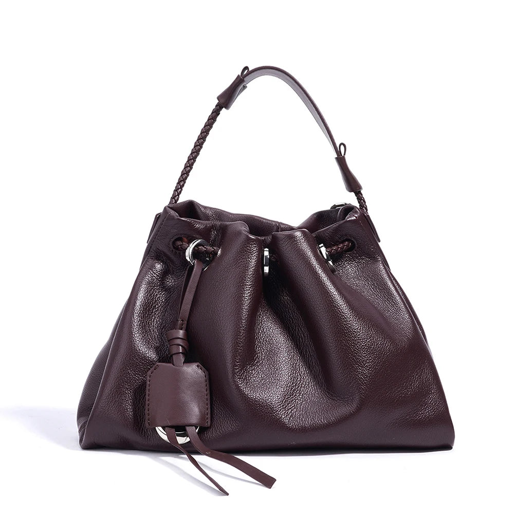New High Quality Leather Drawstring Women's Purse Handbags Luxury Genuine Cowhide Leather Shoulder Crossbody Bags for Women