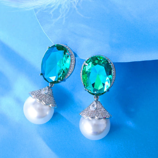 Glamorous Cubic Zircon Green Crystal Imitation Pearl Banquet Party Dangle Drop Earrings for Women Appointment Jewelry