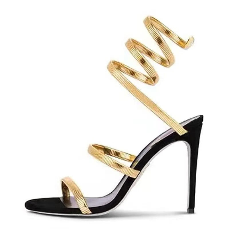 2025 Talon Snake Strap Silver Sole Summer  Ankle Wrap Around Spiral Heels for Lady