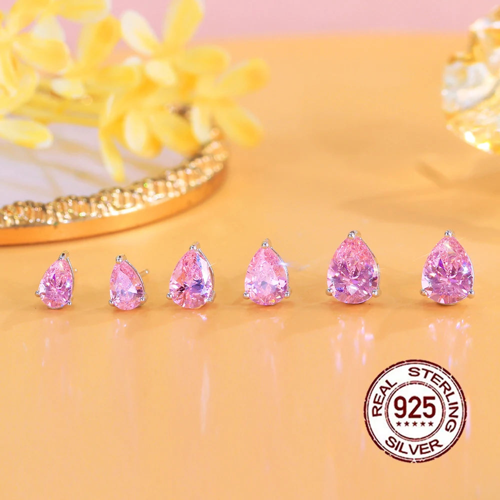 Brilliant Sterling Silver 925 Stud Earrings Zircon 8mm Big Water Drop Shape Pink Stud Earrings for Women Party Anniversary Gifts