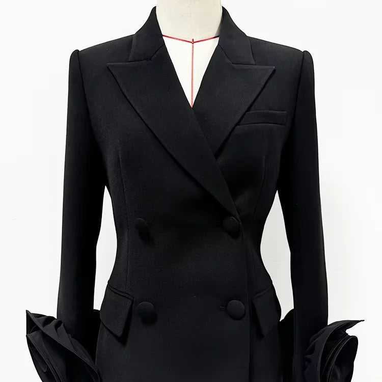 High Quality 3D Flowers Long Sleeve Blazer Spring Black V-Neck Slim Fit Elegant Women Jacket