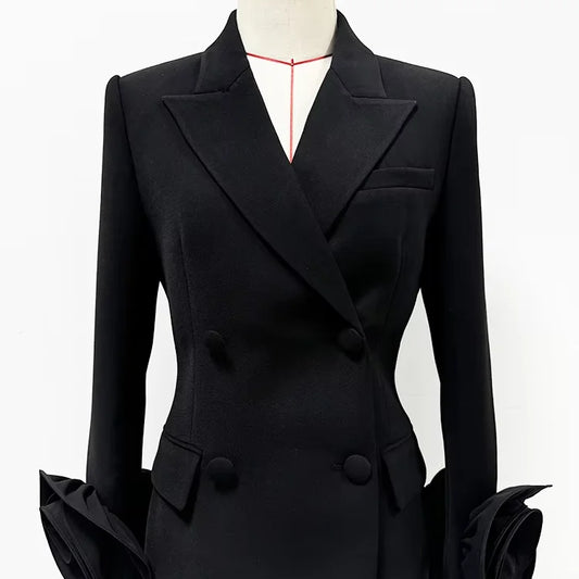 High Quality 3D Flowers Long Sleeve Blazer Spring Black V-Neck Slim Fit Elegant Women Jacket