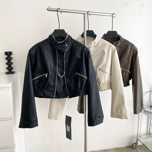 2025 Autumn New Zipper Women's Motorcycle Short Padded Shoulder Jacket Female Long Sleeve Leather Coat