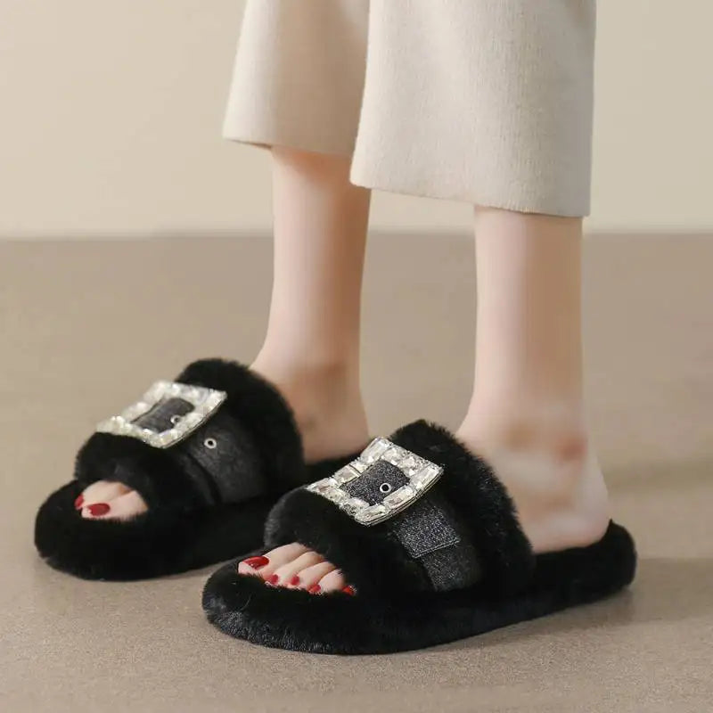 2025 Autumn/Winter Indoor Open Toe Flat Bottom Fashionable Warm Plush Slippers Female