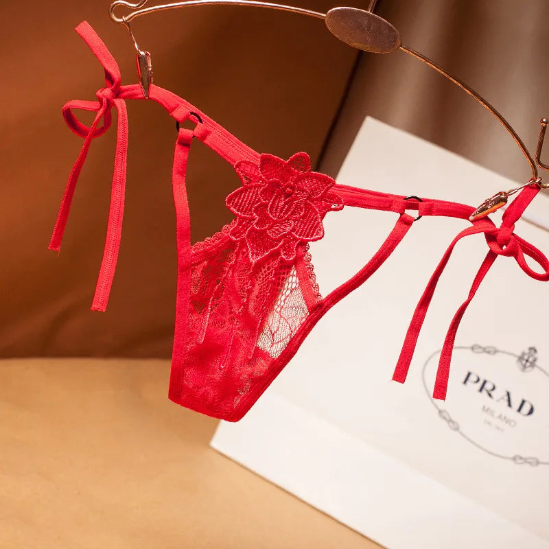 Embroidered Erotic G-string Side Tie Panties Women Lace Sexy Tie Hollow Thong Low Waist Tanties Solid Color Thongs