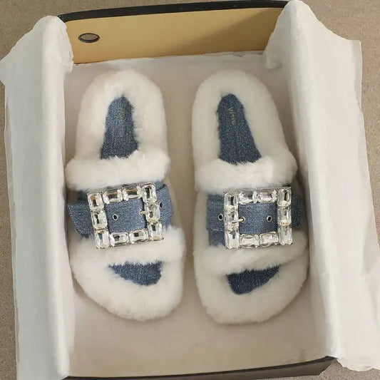2025 Autumn/Winter Indoor Open Toe Flat Bottom Fashionable Warm Plush Slippers Female