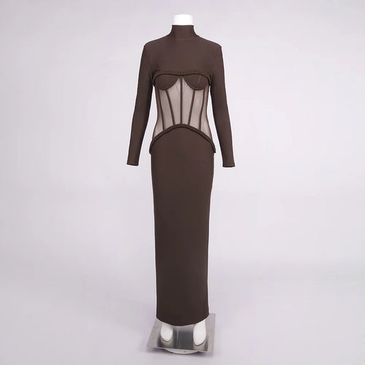Sexy New Design See-Through Mesh Dress Corset Long Sleeve Maxi Cocktail Party Evening Dress