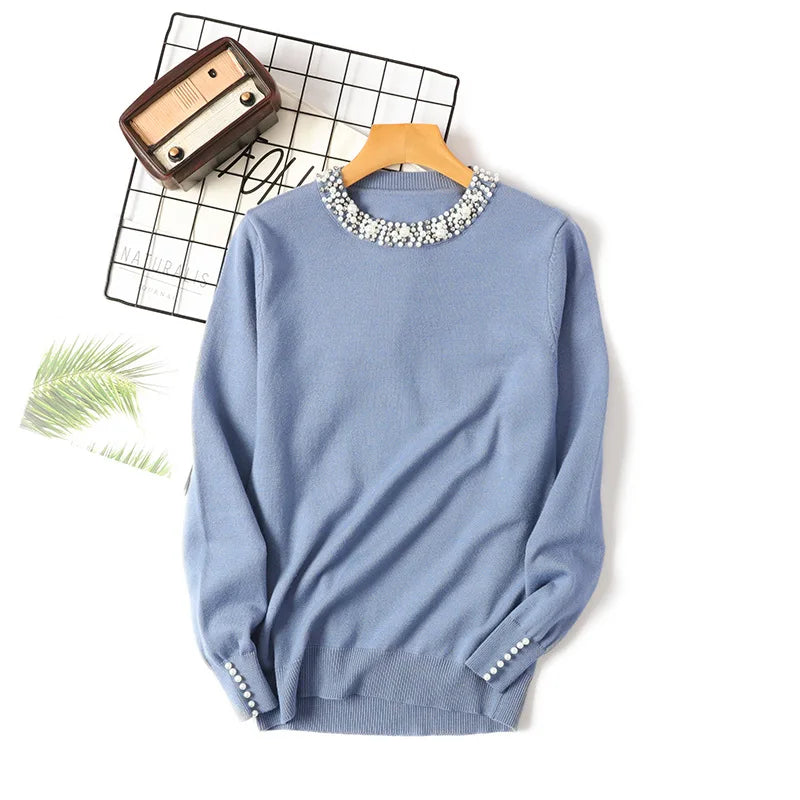 New Autumn Winter Beaded Pullover Sweater Women's Round Neck Long-sleeved Sweater Loose Thin Sweater
