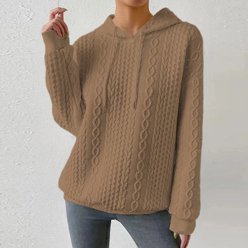 2025 Women Ladies Autumn Plus Size Casual Solid Color Embroidery Sweater Knit Hooded Lace-up Long Sleeve Hoodies