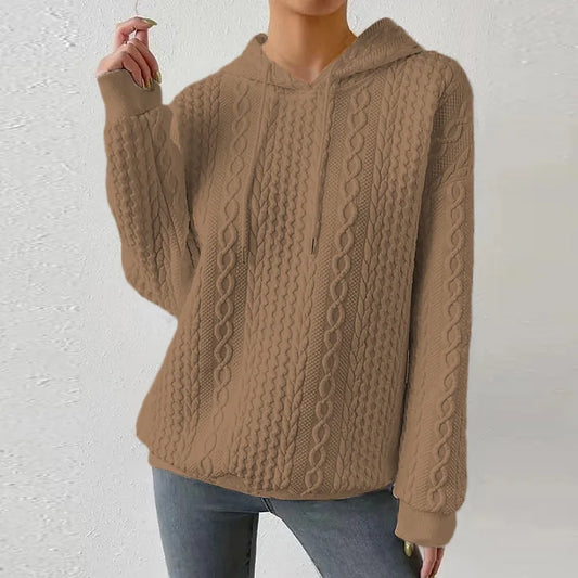 2025 Women Ladies Autumn Plus Size Casual Solid Color Embroidery Sweater Knit Hooded Lace-up Long Sleeve Hoodies